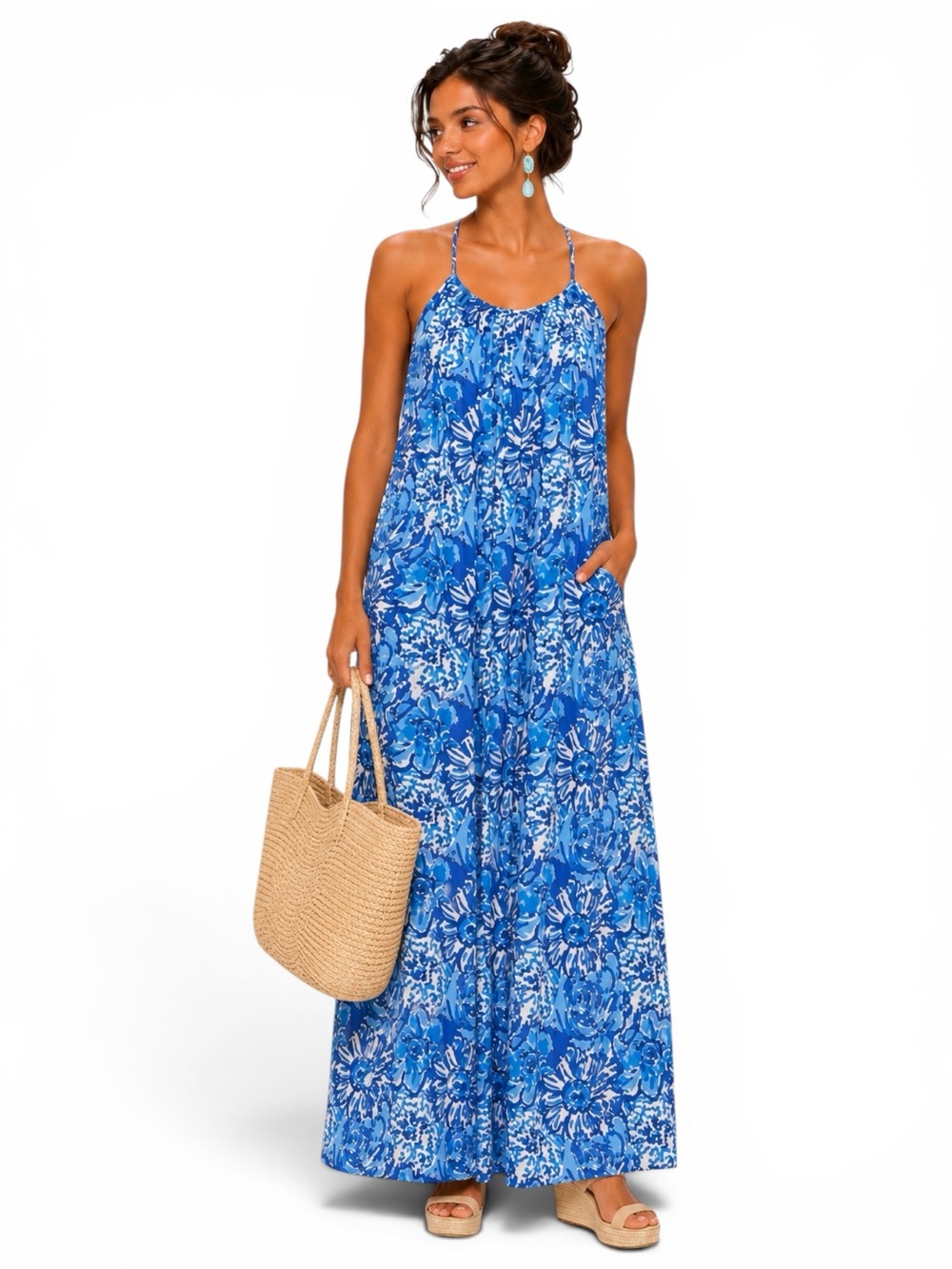 NWT Fitzroy & Willa‎ Christina Blue Floral Resort Maxi Dress L